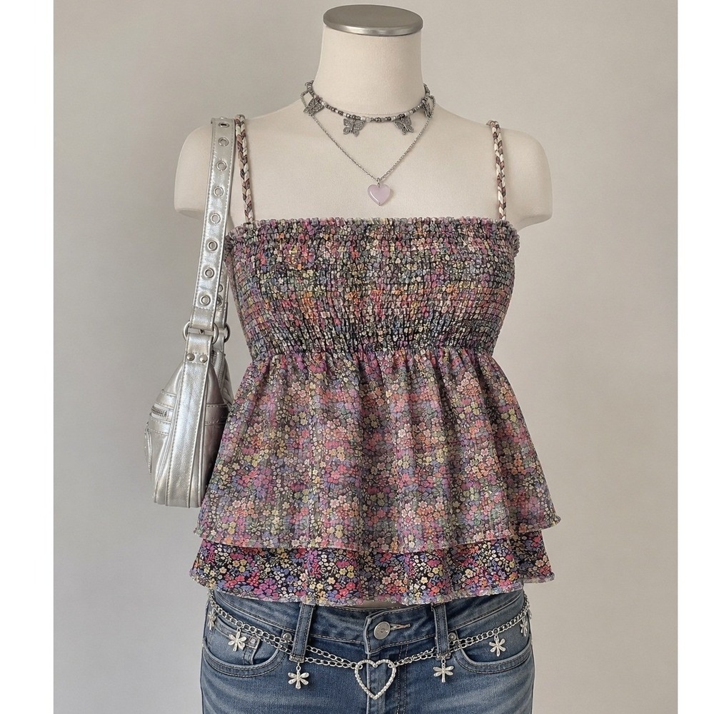 Charlotte Russe Y2K Floral Smocked Babydoll Cami Top Tiered Boho Cottage Large